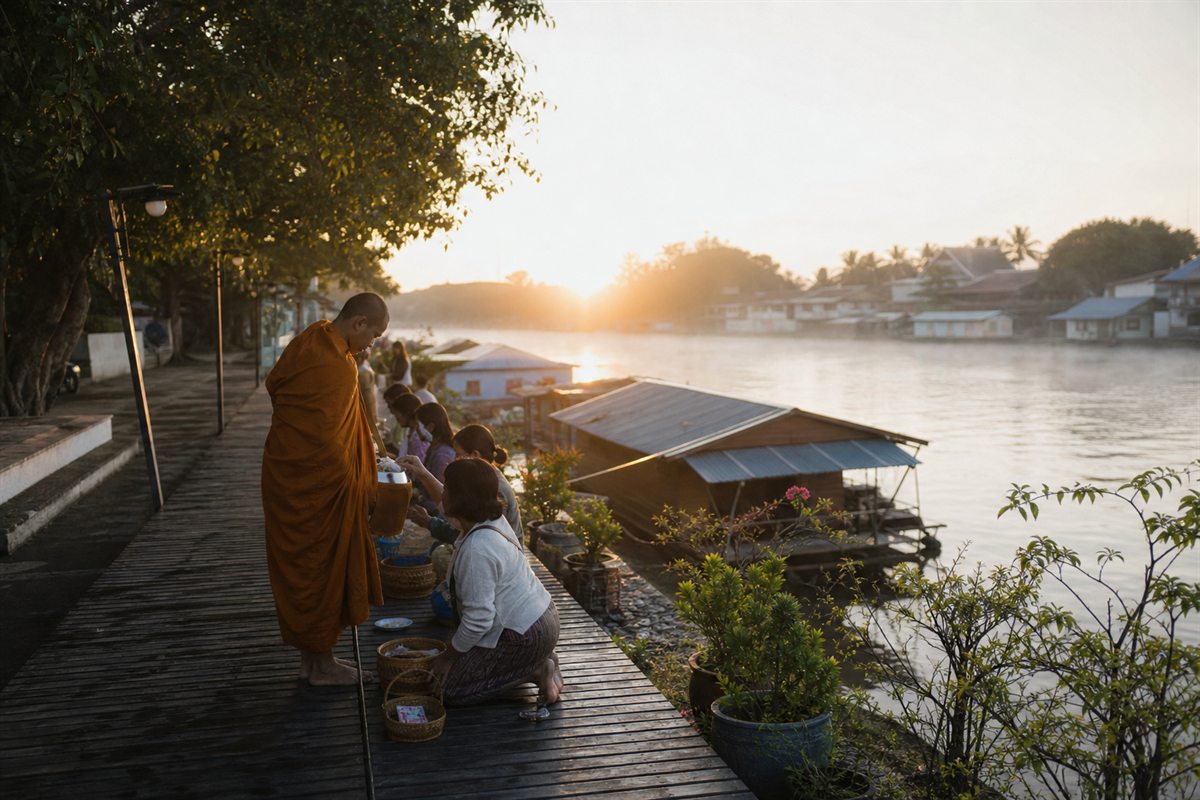 ตักบาตรทางเรือยามเช้าริมลำน้ำสะแกกรัง